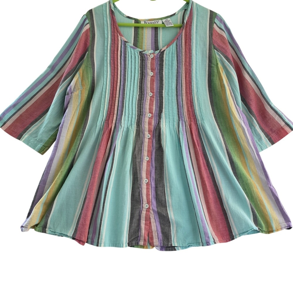Roaman's Striped Button Front Blouse Women 16W‎ Multicolor Cotton 3/4 Sleeve